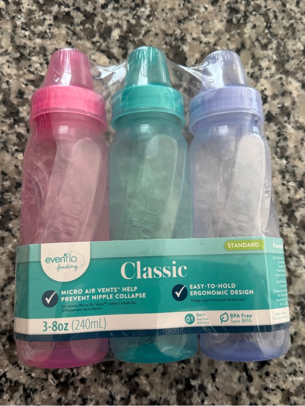 NEW Classic Feeding Bottles - Pink, Teal, Lavender (3-Pack)